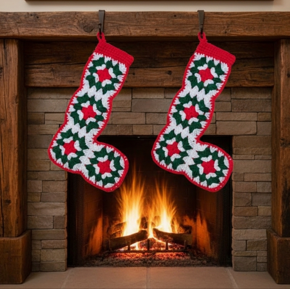 2 - Vintage 15" Handmade Red Green Crochet Granny Square Christmas Stockings